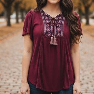 Embroidered and Lace Blouse with Tassels